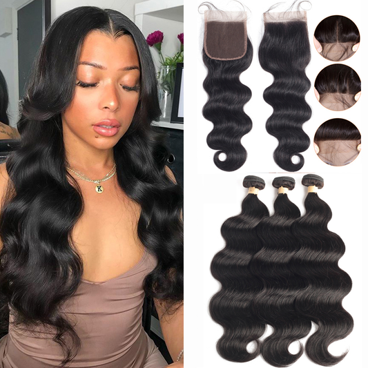 Body Wave Virgin Hair 3 Bundles with 4X4 Lace Closure