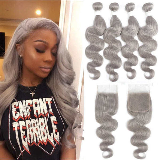 Grey Silver Body Wave 4 Bundles with 4x4 Closure 100% Human Hair Extensions