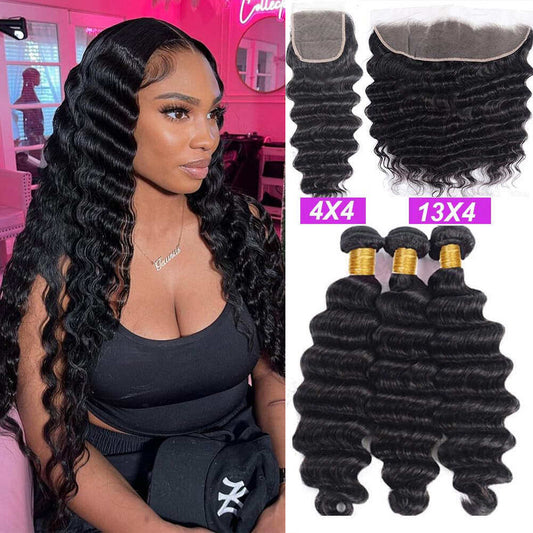 Loose Deep Wave 3 Bundles with 4x4 Closure / 13x4 Frontal 100% Human Hair extension