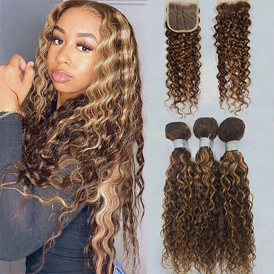 Highlight P4/27 Water Wave 3 Bundles With 4X4 Transparent Lace Closure