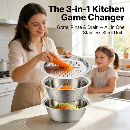 3-in-1 Stainless Steel Grater Bowl