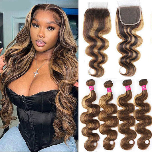 P4/27 Highlight Body Wave 4 Bundles With 4x4 Lace Closure Human Hair