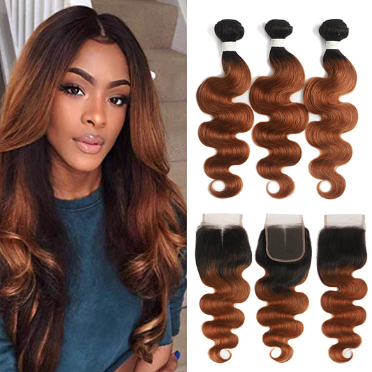 Ombre 1B/30 Body Wave 3 Bundles With Closure 4x4 human hair