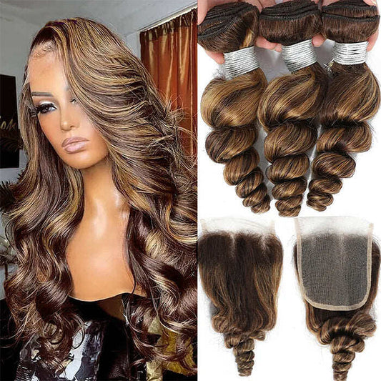 Highlight P4/27 Loose Wave 3 Bundles with HD Lace Ombre Brown Human Hair Bundles with 4X4 Closure