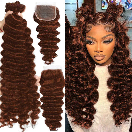 33 loose deep 3 Bundles With 4X4 Transparent Lace Closure Human Hair()