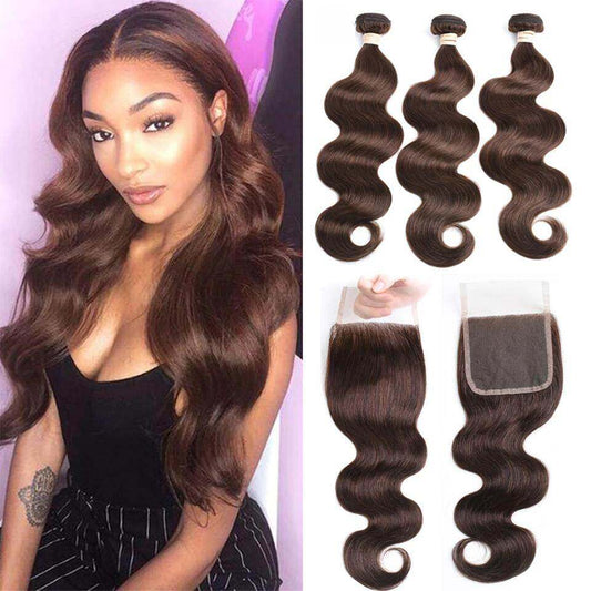 4 Brown Body Wave 3 Bundles With 4X4 Lace Closure human hair