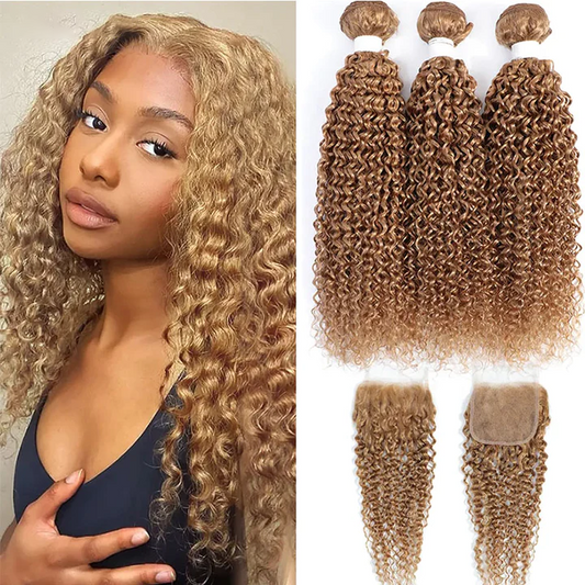 27 Honey Blonde Kinky Curly 3 Bundles With 4X4 Lace Closure For Women Human Hair