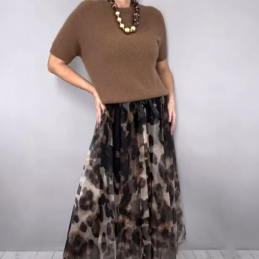 Effortless Elegance | Women's Knit Top & Leopard Flowy Skirt 2-Piece Set