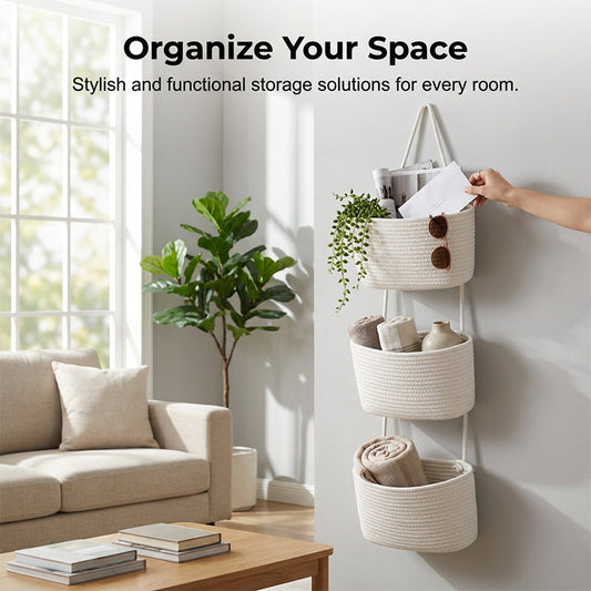 Wall-Hanging Storage Organizer – 3-Tier, Boho Style, Space-Saving