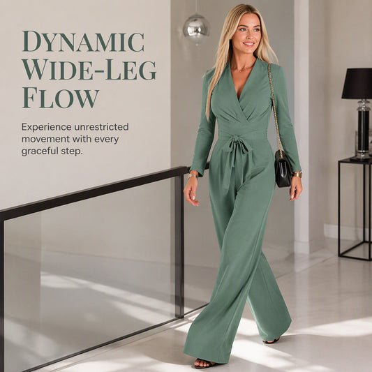 Women's Long Sleeve V-Neck Jumpsuit with Belt – Effortless Elegance in One Look