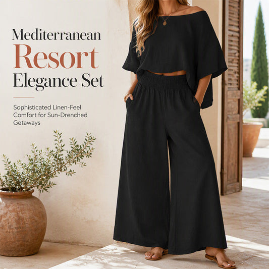 Women’s Off-Shoulder Top & Wide-Leg Pants Set – Effortless Elegance Meets Everyday Comfort