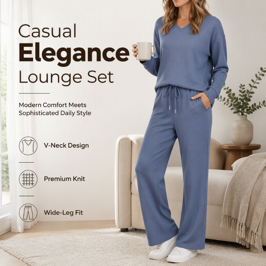 Effortless Comfort | Women's V-Neck Knit Top & Pants 2-Piece Lounge Set