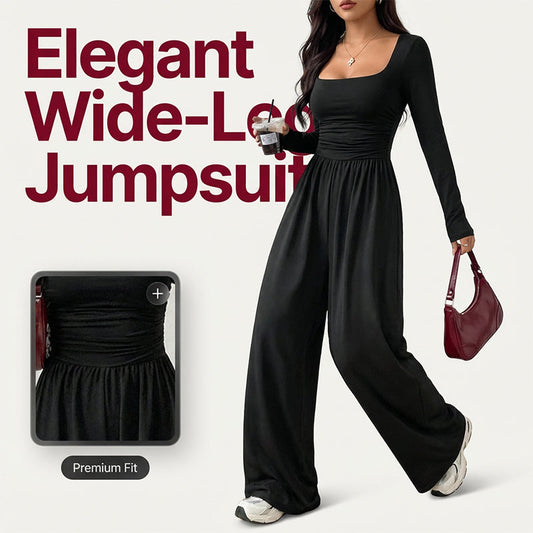 Flattering Elegance | Women's Square-Neck Ruched-Waist Wide-Leg Jumpsuit