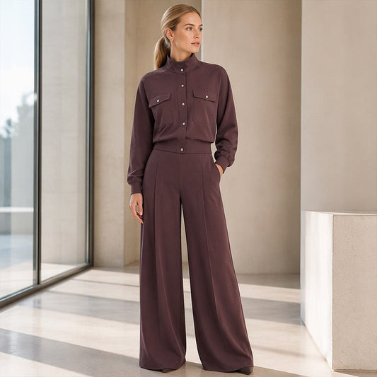 Effortless Everyday Style | Women's Stand-Collar Jacket & Wide-Leg Pants 2-Piece Set