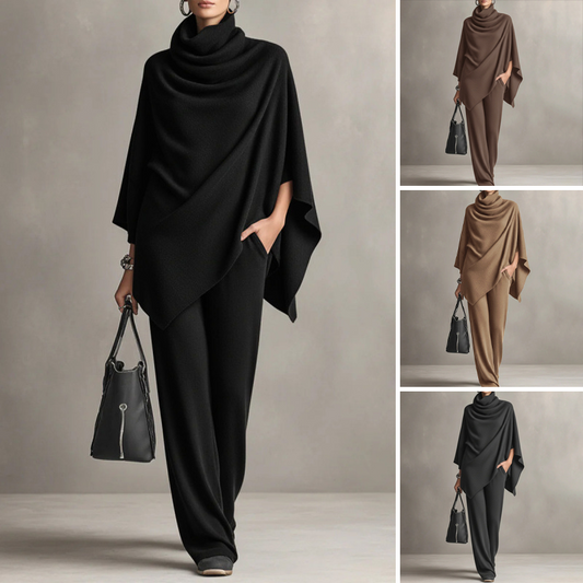 Elevated Comfort | Women's Cowl-Neck Cape & Wide-Leg Pants 2-Piece Set