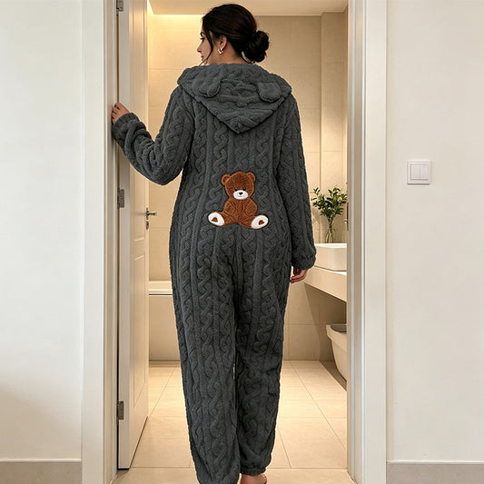 Cozy With a Playful Twist | Women's Bear-Embroidered Hooded One-Piece Loungewear