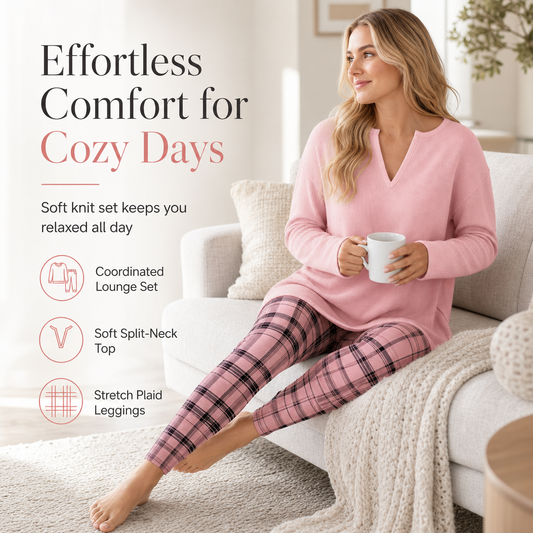 Cozy Made Easy | Women's Relaxed Knit Top & Plaid Leggings 2-Piece Set